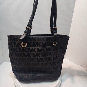 Michael Kors Black Canvas Tote Leather Straps Gold Hardwares